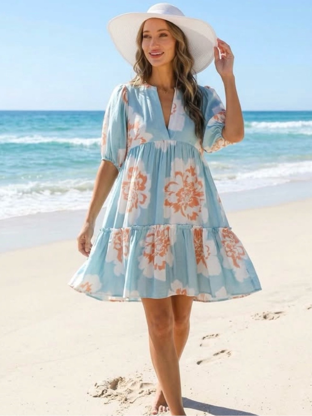 Light Blue Floral Tiered V-Neck Summer Dress